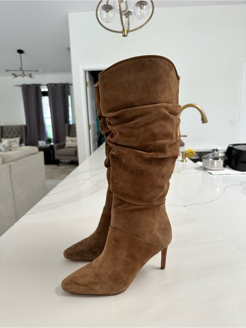 Vince Camuto Tan Suede Armada Slouchy Pointed Toe Heeled Boot Sz 8 - Picture 7 of 10